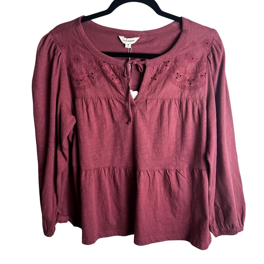Lucky Brand Embroidered Tie Neck Top Size Med Tiered Long Sleeve Peasant NEW - Picture 1 of 9